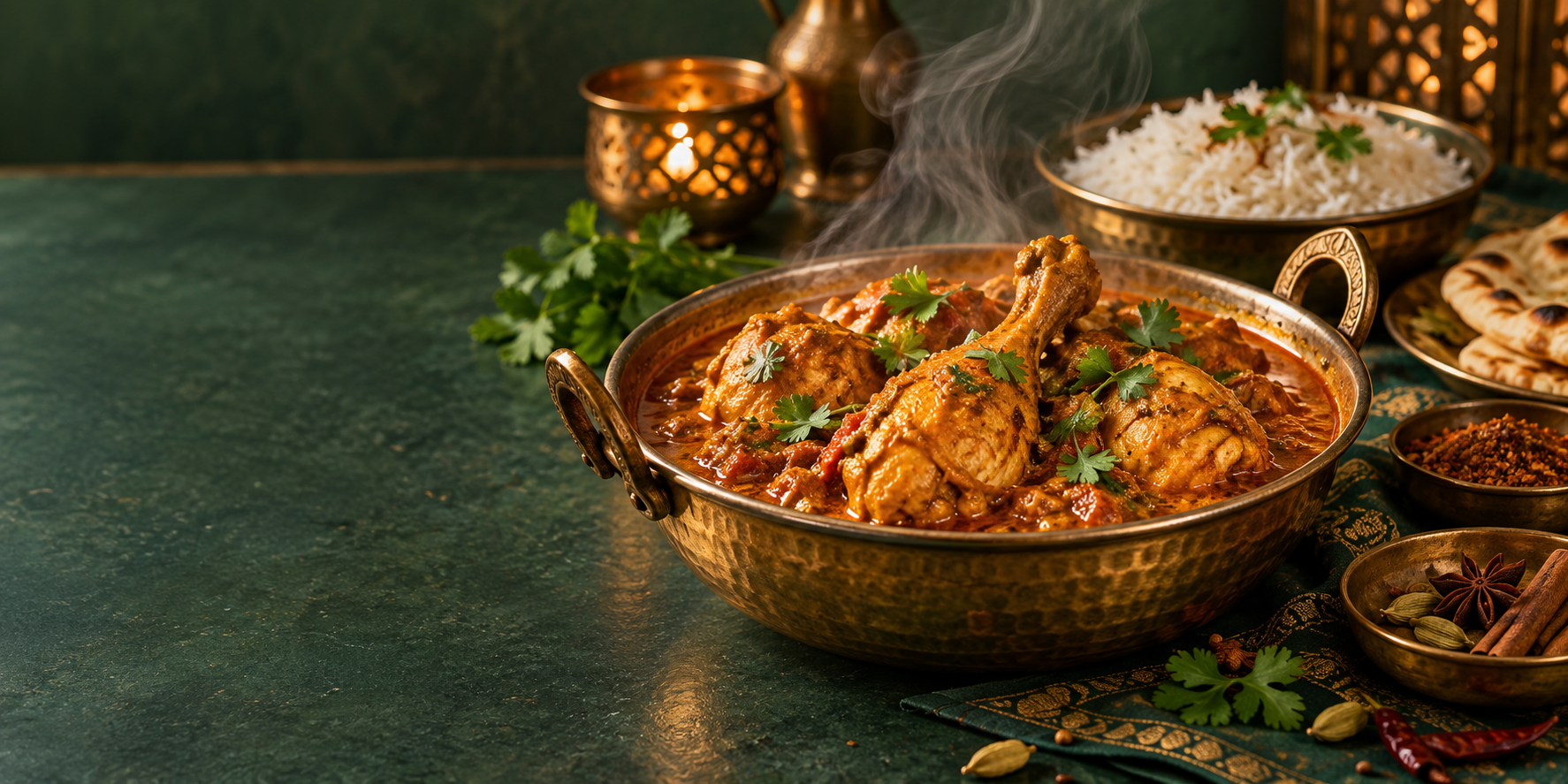 A steaming brass bowl of richly spiced Indian chicken curry served with basmati rice and naan
